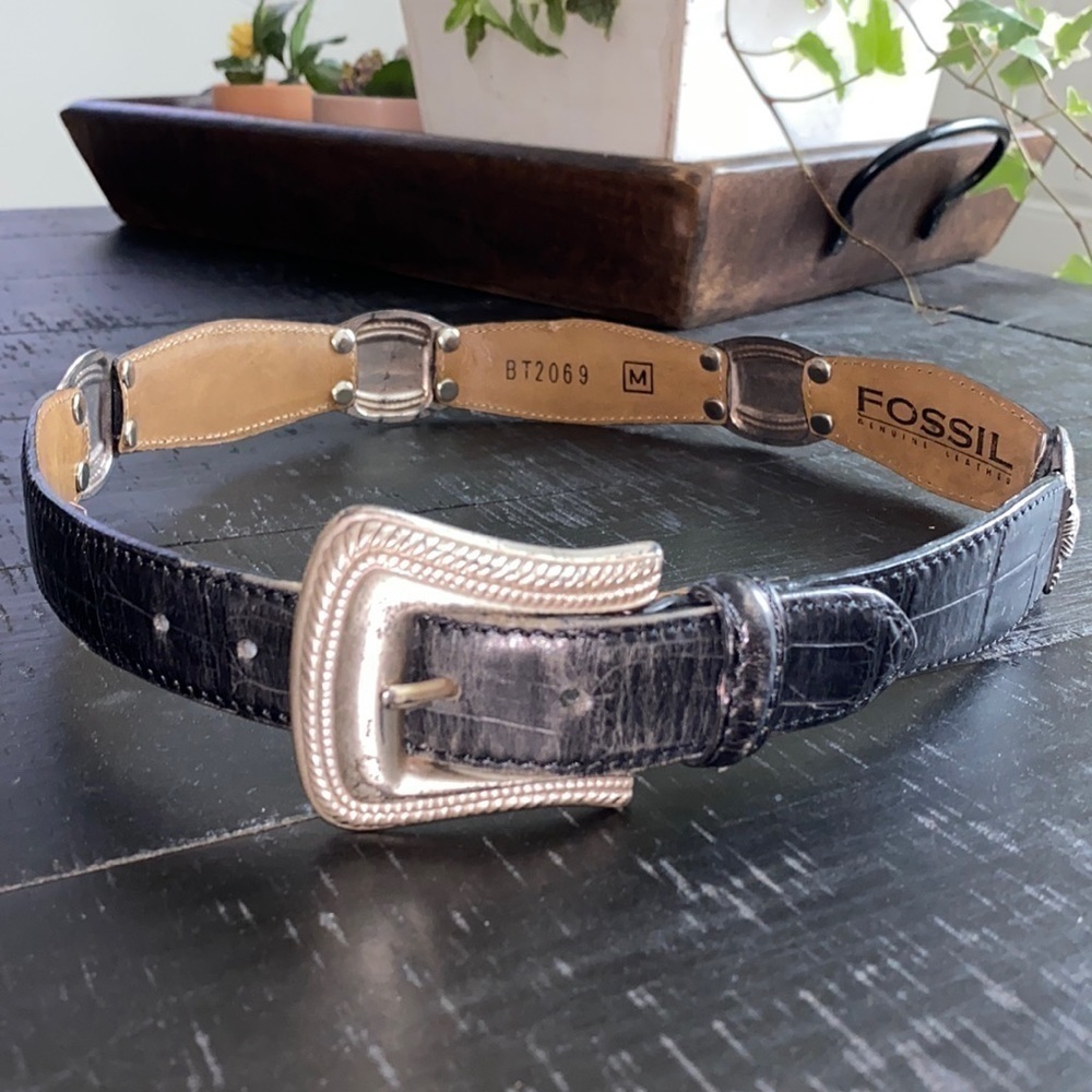 Fossil Black Silver Leather Country Medium Belt